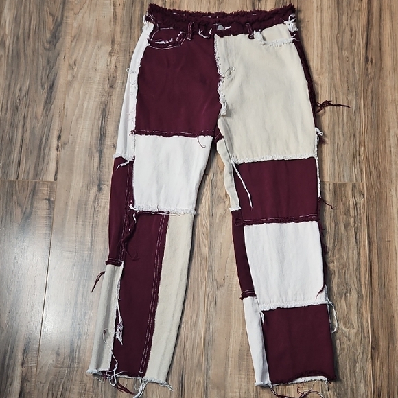 Women's Colorblock Patchwork Burgandy Tan and Cream Women Jeans 12 - Picture 2 of 13